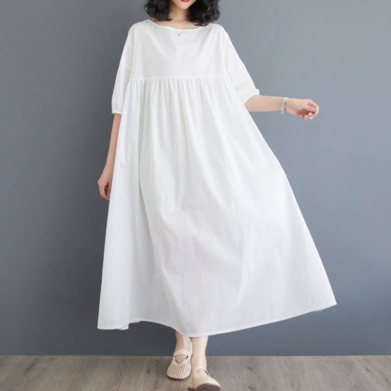 Buddha Stones Solid Color Pleated Design Crew Neck Half Puff Sleeve Cotton Midi Dress