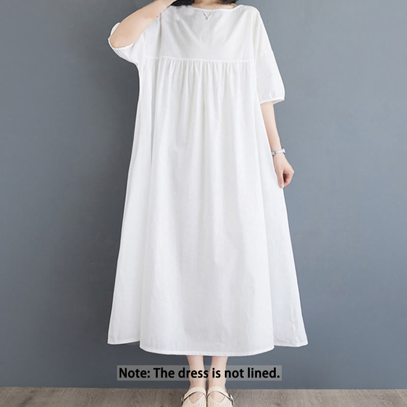 Buddha Stones Solid Color Pleated Design Crew Neck Half Puff Sleeve Cotton Midi Dress
