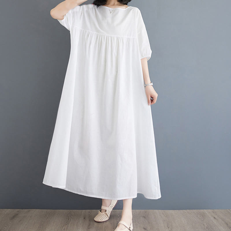 Buddha Stones Solid Color Pleated Design Crew Neck Half Puff Sleeve Cotton Midi Dress