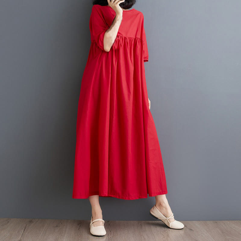 Buddha Stones Solid Color Pleated Design Crew Neck Half Puff Sleeve Cotton Midi Dress
