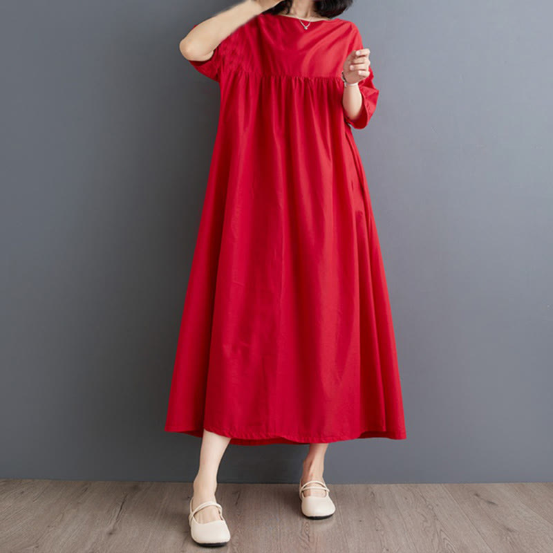 Buddha Stones Solid Color Pleated Design Crew Neck Half Puff Sleeve Cotton Midi Dress