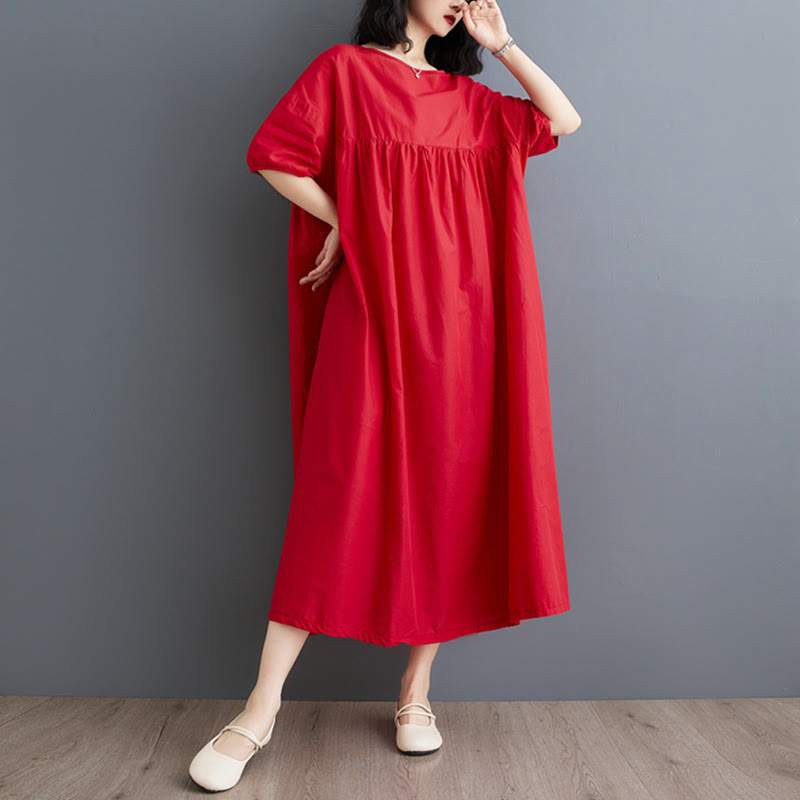 Buddha Stones Solid Color Pleated Design Crew Neck Half Puff Sleeve Cotton Midi Dress