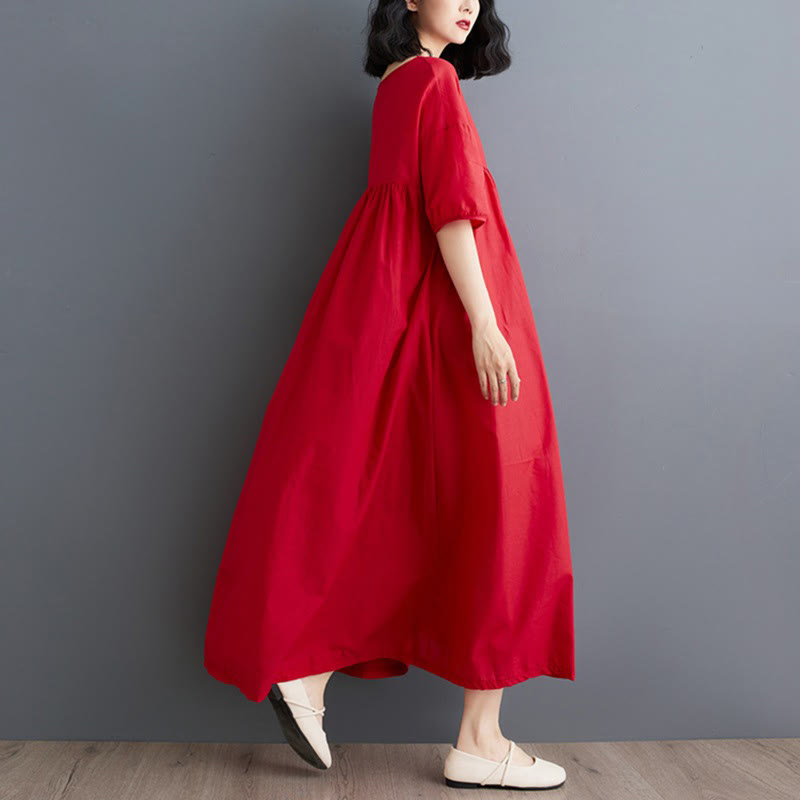 Buddha Stones Solid Color Pleated Design Crew Neck Half Puff Sleeve Cotton Midi Dress