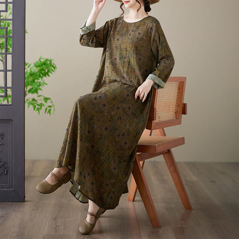 Buddha Stones Olive Printing Flower Long Sleeve Cotton Linen Maxi Dress With Pockets