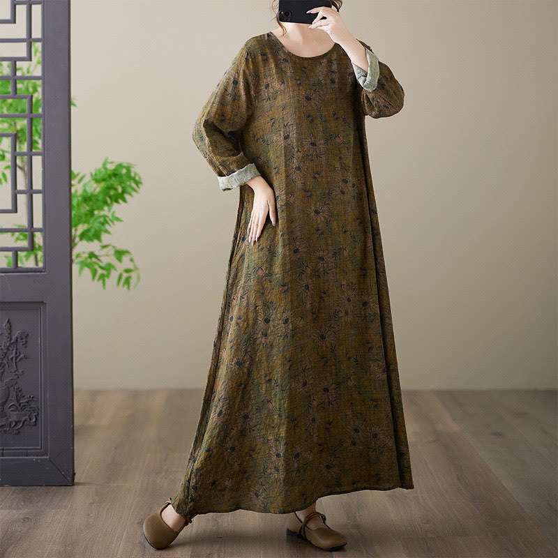 Buddha Stones Olive Printing Flower Long Sleeve Cotton Linen Maxi Dress With Pockets