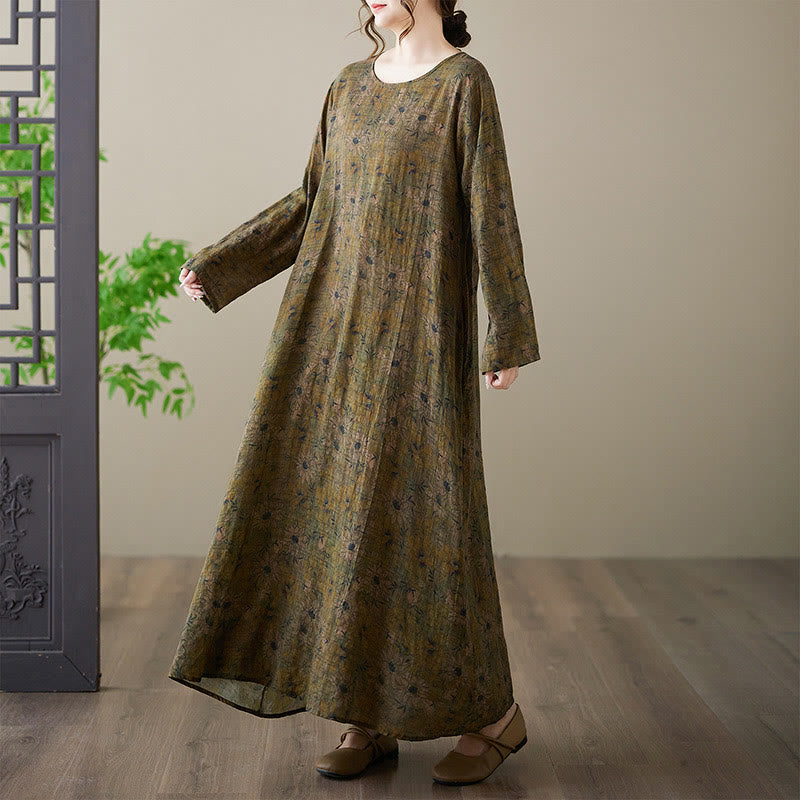 Buddha Stones Olive Printing Flower Long Sleeve Cotton Linen Maxi Dress With Pockets