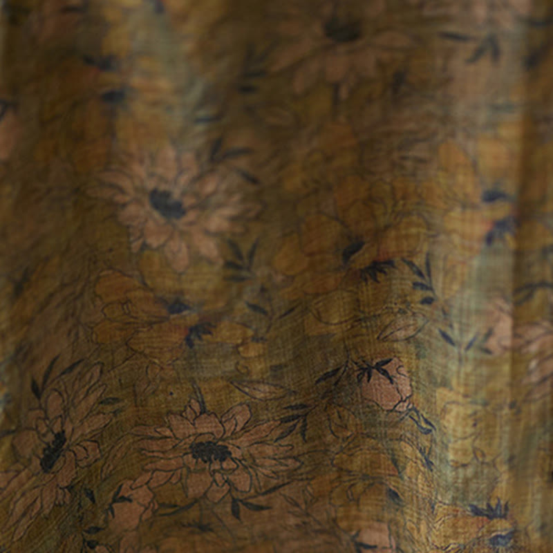Buddha Stones Olive Printing Flower Long Sleeve Cotton Linen Maxi Dress With Pockets