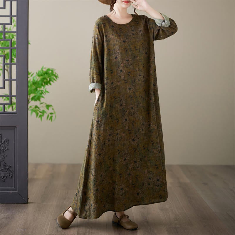 Buddha Stones Olive Printing Flower Long Sleeve Cotton Linen Maxi Dress With Pockets