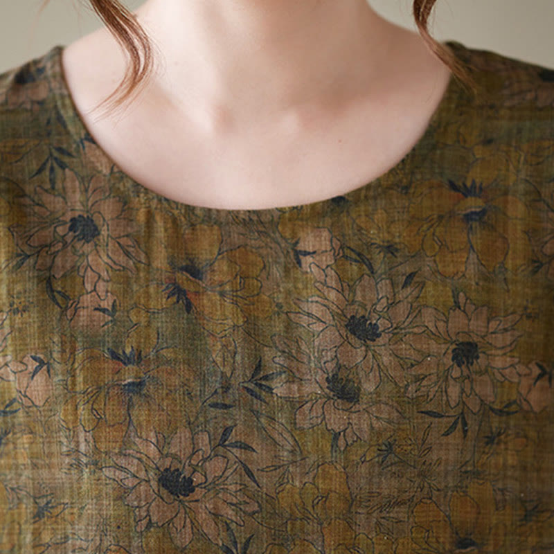 Buddha Stones Olive Printing Flower Long Sleeve Cotton Linen Maxi Dress With Pockets