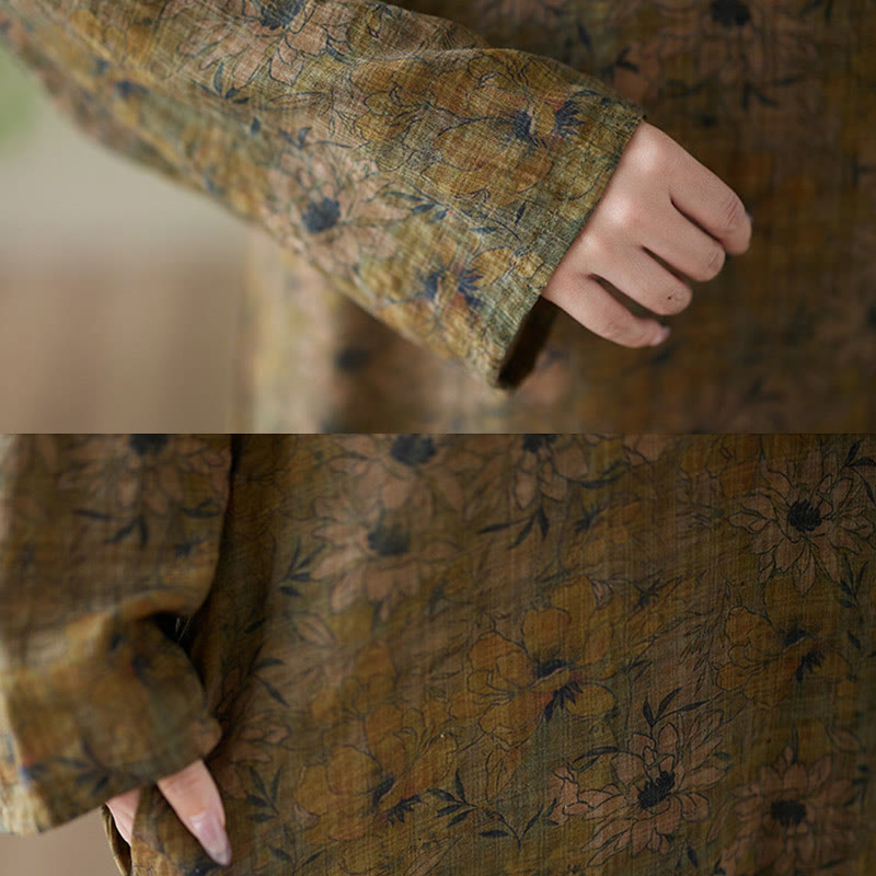 Buddha Stones Olive Printing Flower Long Sleeve Cotton Linen Maxi Dress With Pockets