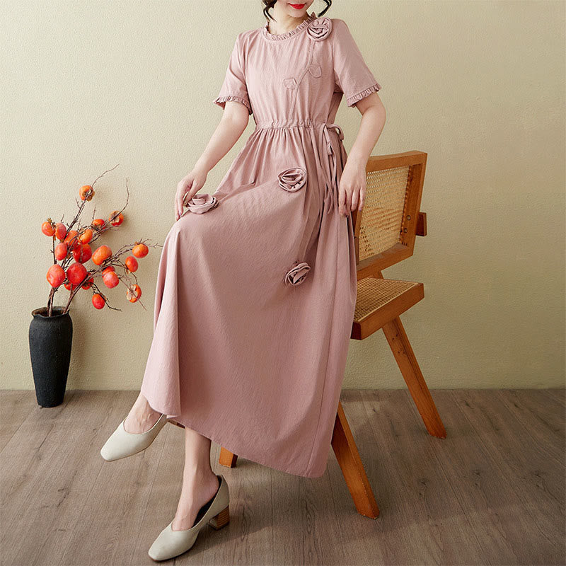 Buddha Stones Three-Dimensional Flower Ruffled Short Sleeve Cotton Linen Midi Dress With Pockets