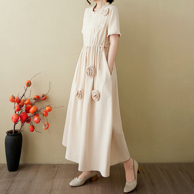 Buddha Stones Three-Dimensional Flower Ruffled Short Sleeve Cotton Linen Midi Dress With Pockets