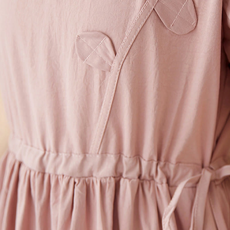 Buddha Stones Three-Dimensional Flower Ruffled Short Sleeve Cotton Linen Midi Dress With Pockets