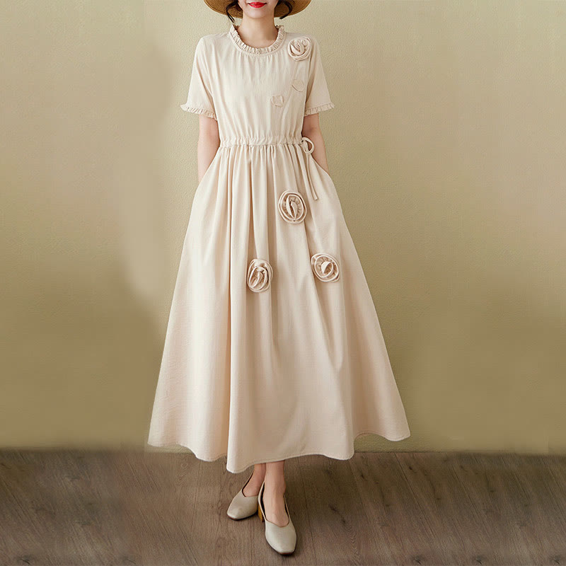 Buddha Stones Three-Dimensional Flower Ruffled Short Sleeve Cotton Linen Midi Dress With Pockets