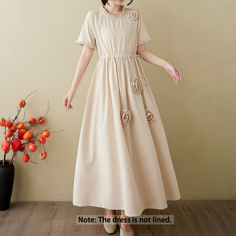 Buddha Stones Three-Dimensional Flower Ruffled Short Sleeve Cotton Linen Midi Dress With Pockets