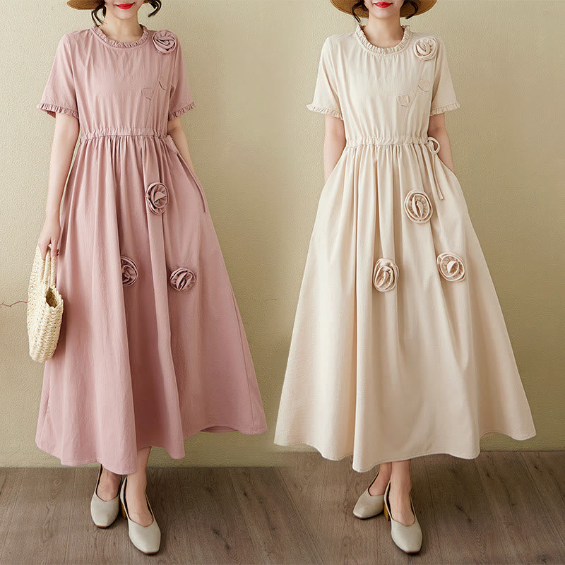 Buddha Stones Three-Dimensional Flower Ruffled Short Sleeve Cotton Linen Midi Dress With Pockets
