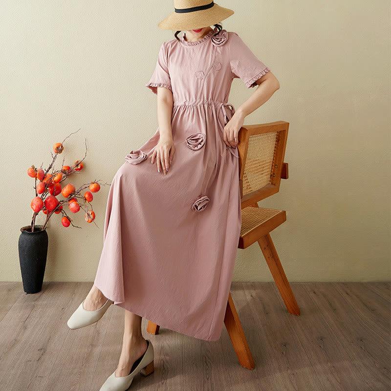 Buddha Stones Three-Dimensional Flower Ruffled Short Sleeve Cotton Linen Midi Dress With Pockets