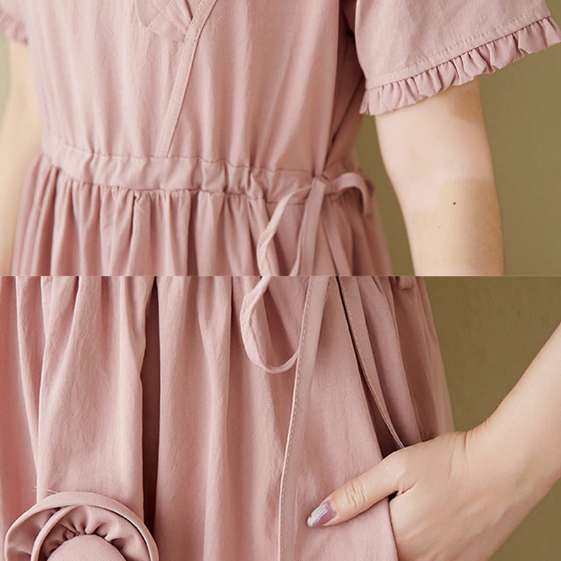Buddha Stones Three-Dimensional Flower Ruffled Short Sleeve Cotton Linen Midi Dress With Pockets