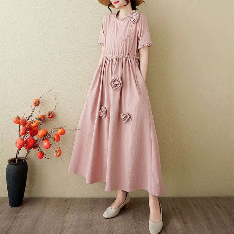Buddha Stones Three-Dimensional Flower Ruffled Short Sleeve Cotton Linen Midi Dress With Pockets