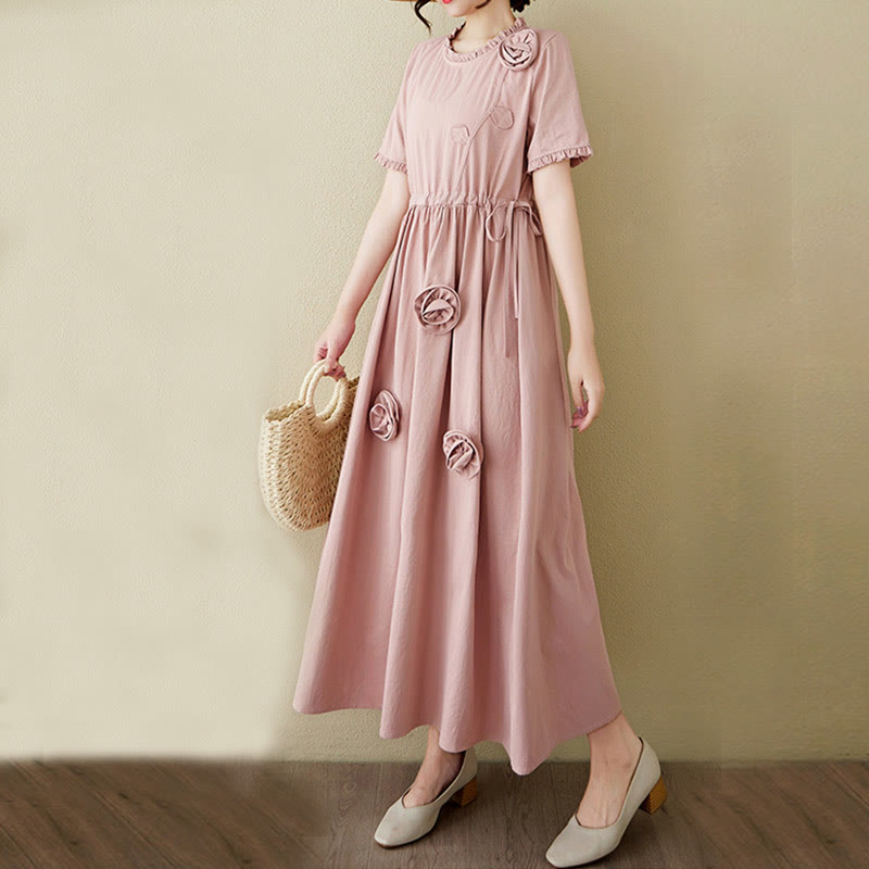 Buddha Stones Three-Dimensional Flower Ruffled Short Sleeve Cotton Linen Midi Dress With Pockets