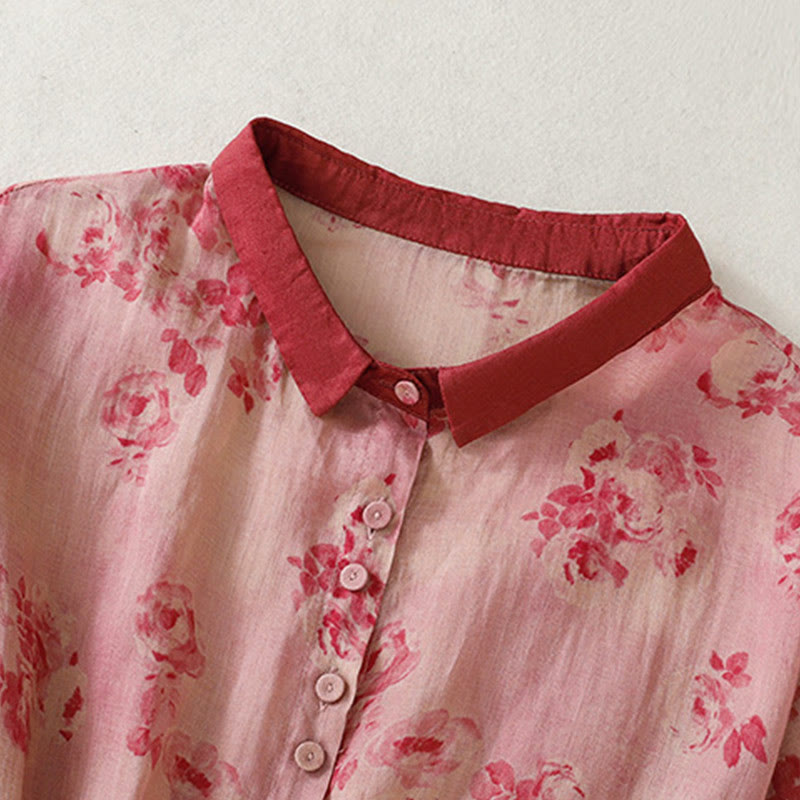 Buddha Stones Printing Buttons Drawstring High Waist Short Sleeve Cotton Midi Dress With Pockets