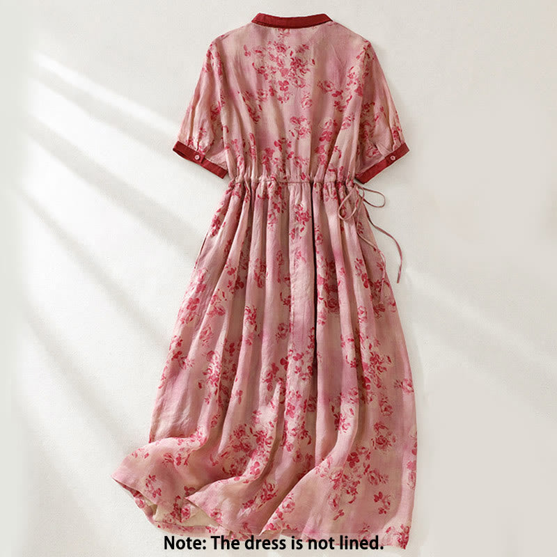 Buddha Stones Printing Buttons Drawstring High Waist Short Sleeve Cotton Midi Dress With Pockets