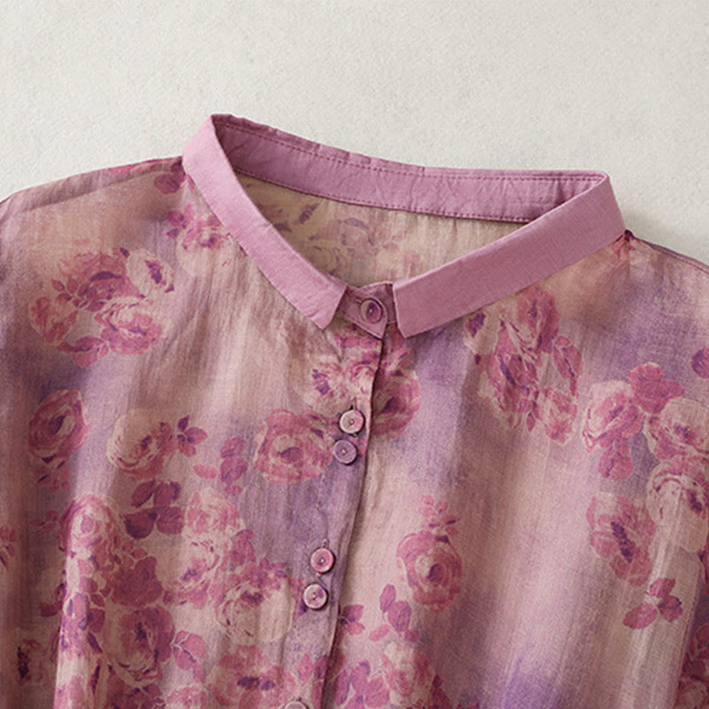 Buddha Stones Printing Buttons Drawstring High Waist Short Sleeve Cotton Midi Dress With Pockets