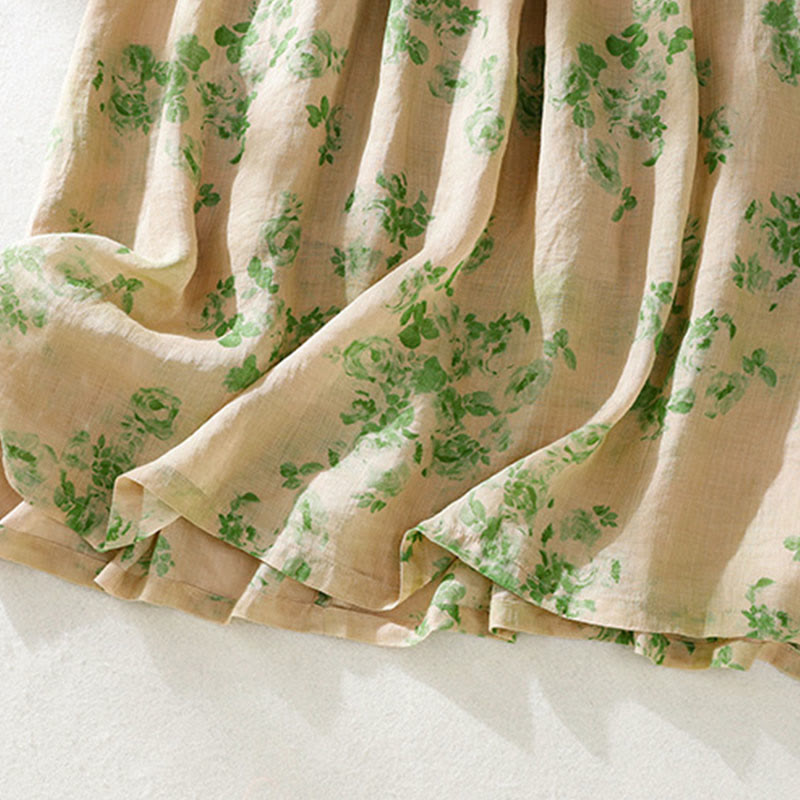 Buddha Stones Printing Buttons Drawstring High Waist Short Sleeve Cotton Midi Dress With Pockets