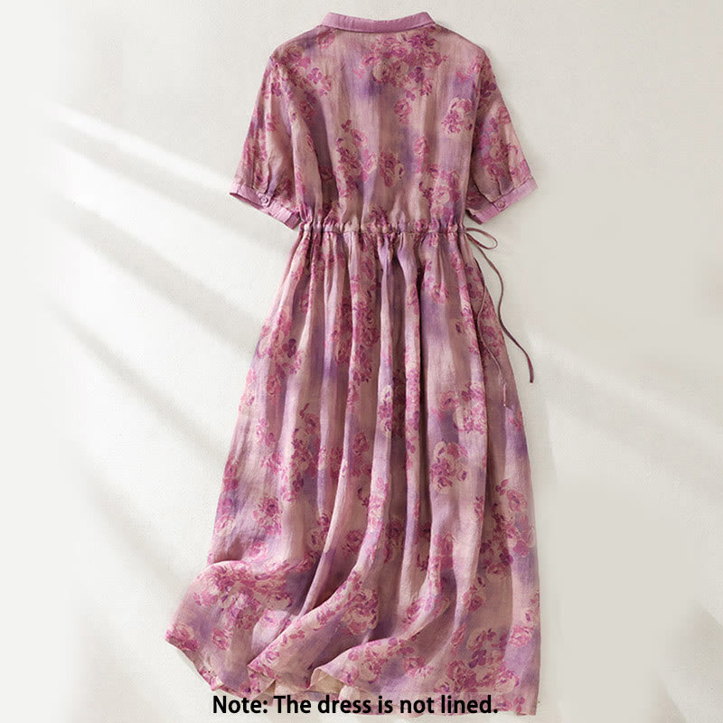 Buddha Stones Printing Buttons Drawstring High Waist Short Sleeve Cotton Midi Dress With Pockets
