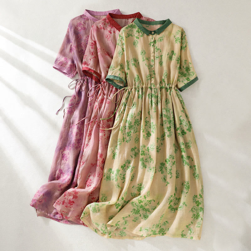Buddha Stones Printing Buttons Drawstring High Waist Short Sleeve Cotton Midi Dress With Pockets