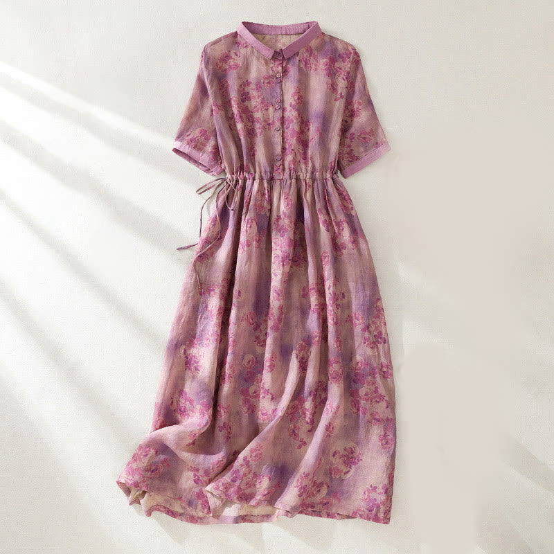 Buddha Stones Printing Buttons Drawstring High Waist Short Sleeve Cotton Midi Dress With Pockets