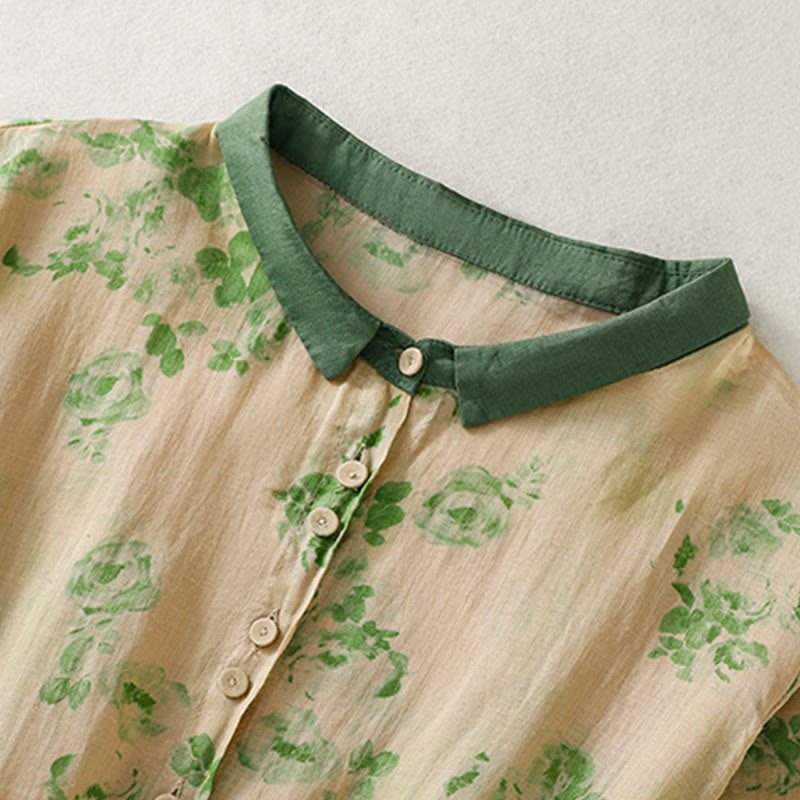 Buddha Stones Printing Buttons Drawstring High Waist Short Sleeve Cotton Midi Dress With Pockets