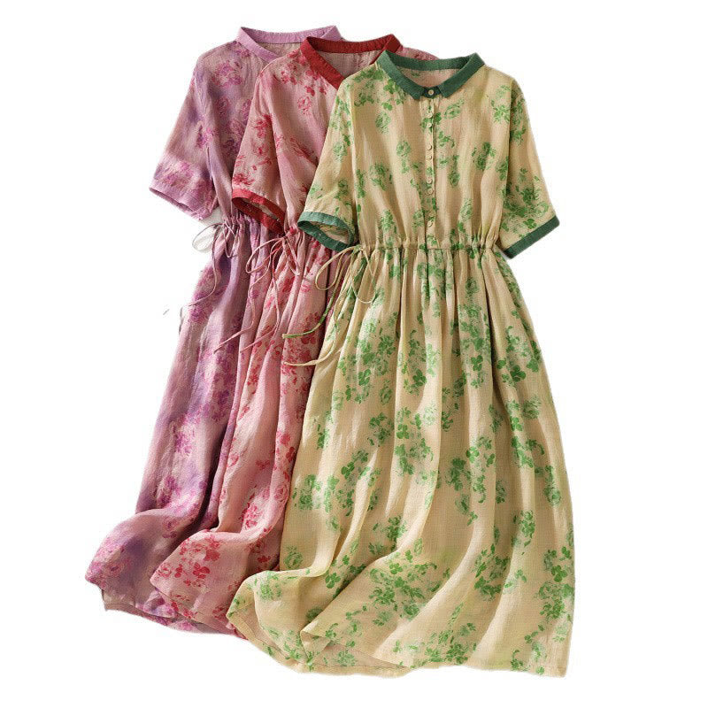 Buddha Stones Printing Buttons Drawstring High Waist Short Sleeve Cotton Midi Dress With Pockets