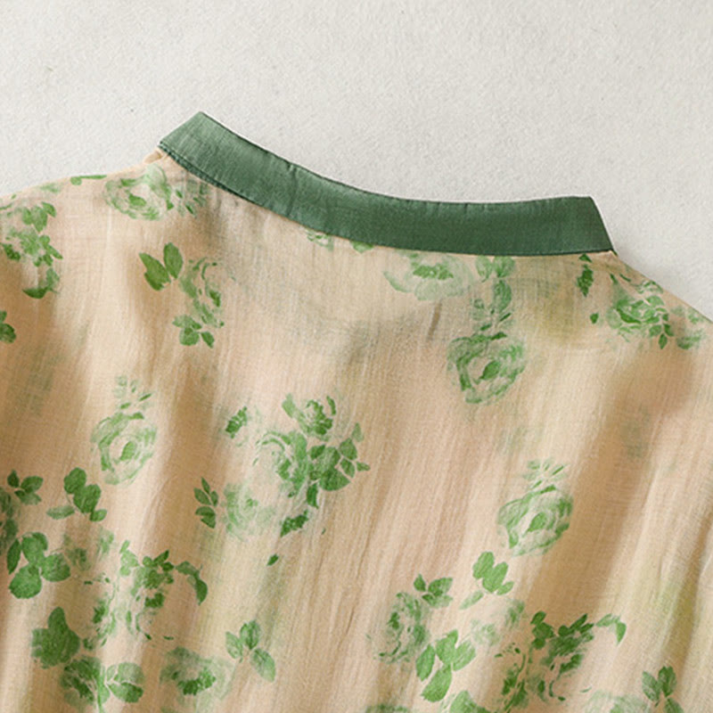 Buddha Stones Printing Buttons Drawstring High Waist Short Sleeve Cotton Midi Dress With Pockets