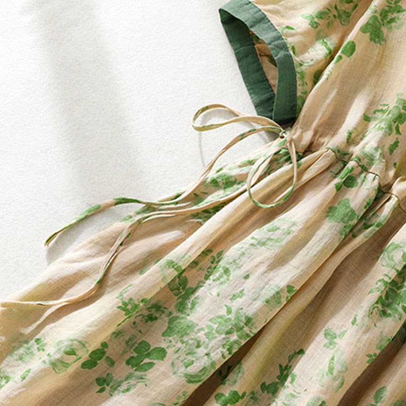 Buddha Stones Printing Buttons Drawstring High Waist Short Sleeve Cotton Midi Dress With Pockets