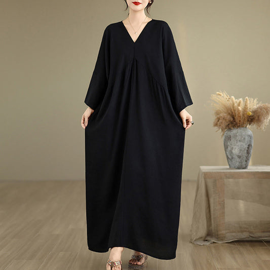 Buddha Stones Fall Pure Color V-Neck Long Sleeve Cotton Midi Dress