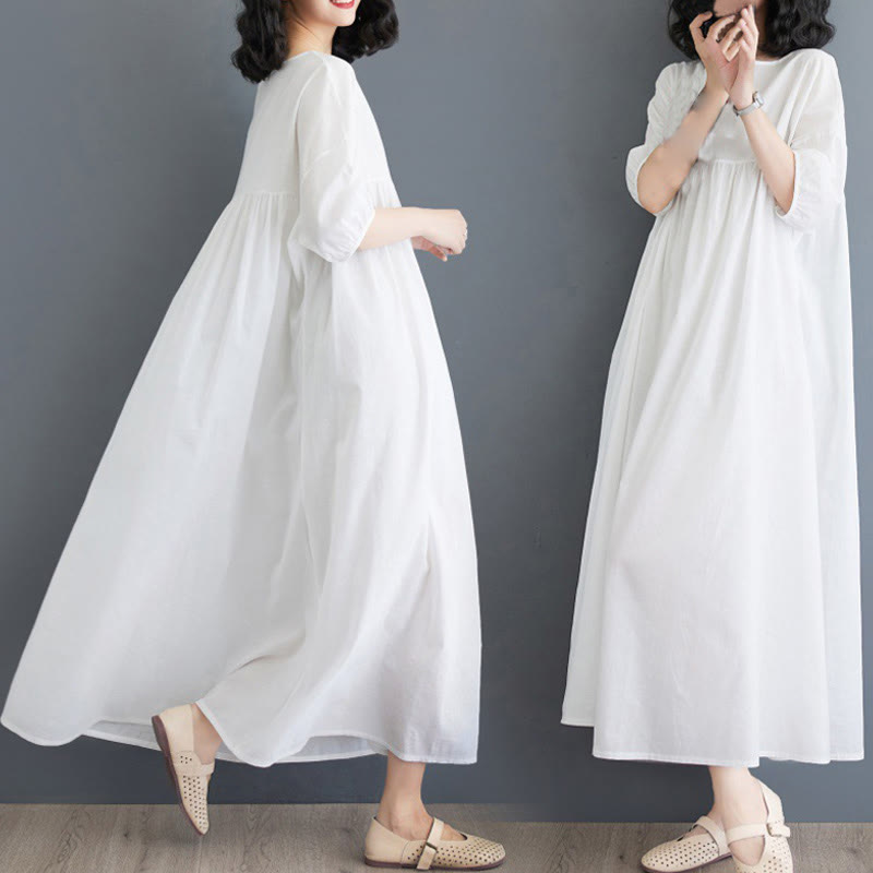 Buddha Stones Solid Color Pleated Design Crew Neck Half Puff Sleeve Cotton Midi Dress