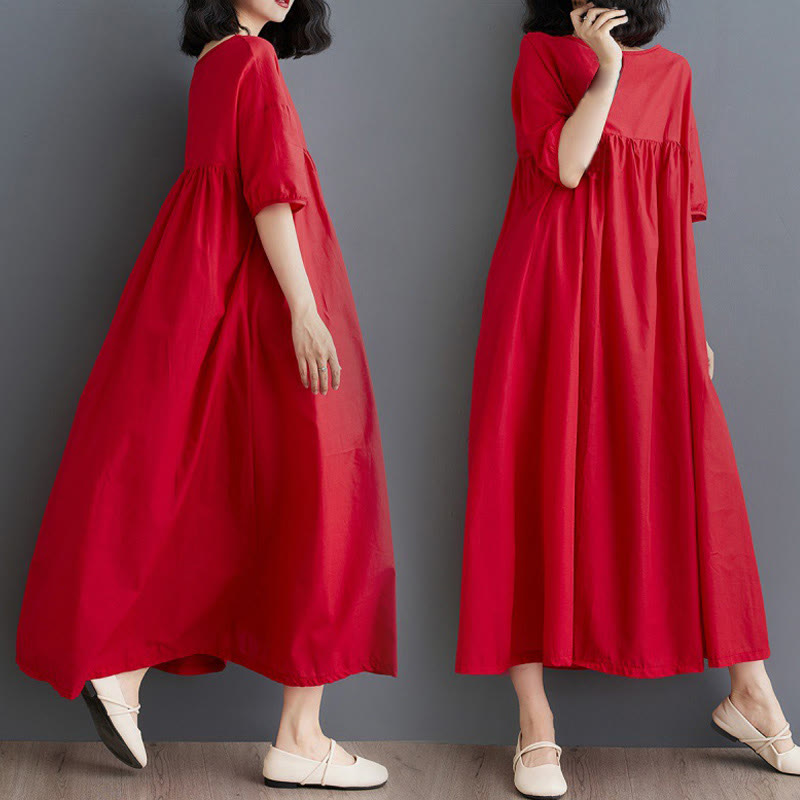 Buddha Stones Solid Color Pleated Design Crew Neck Half Puff Sleeve Cotton Midi Dress