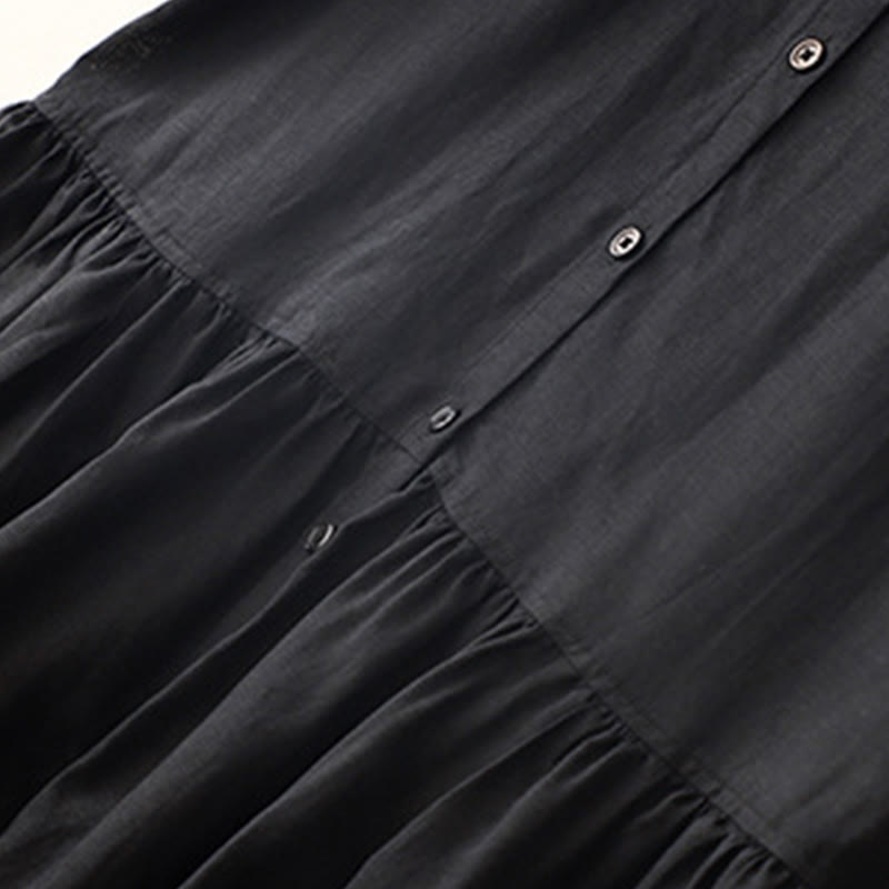 Buddha Stones Commute Pure Color Buttons Design Short Sleeve Cotton Linen Midi Dress With Pockets