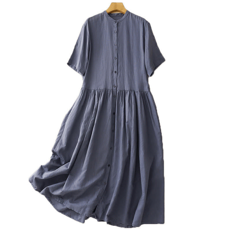 Buddha Stones Commute Pure Color Buttons Design Short Sleeve Cotton Linen Midi Dress With Pockets