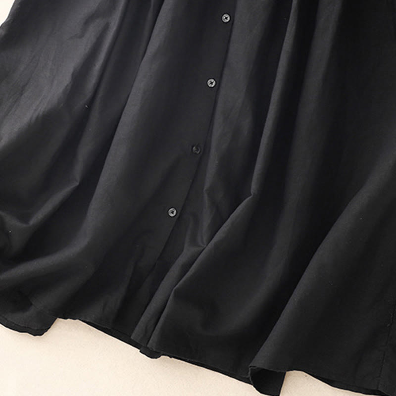 Buddha Stones Commute Pure Color Buttons Design Short Sleeve Cotton Linen Midi Dress With Pockets