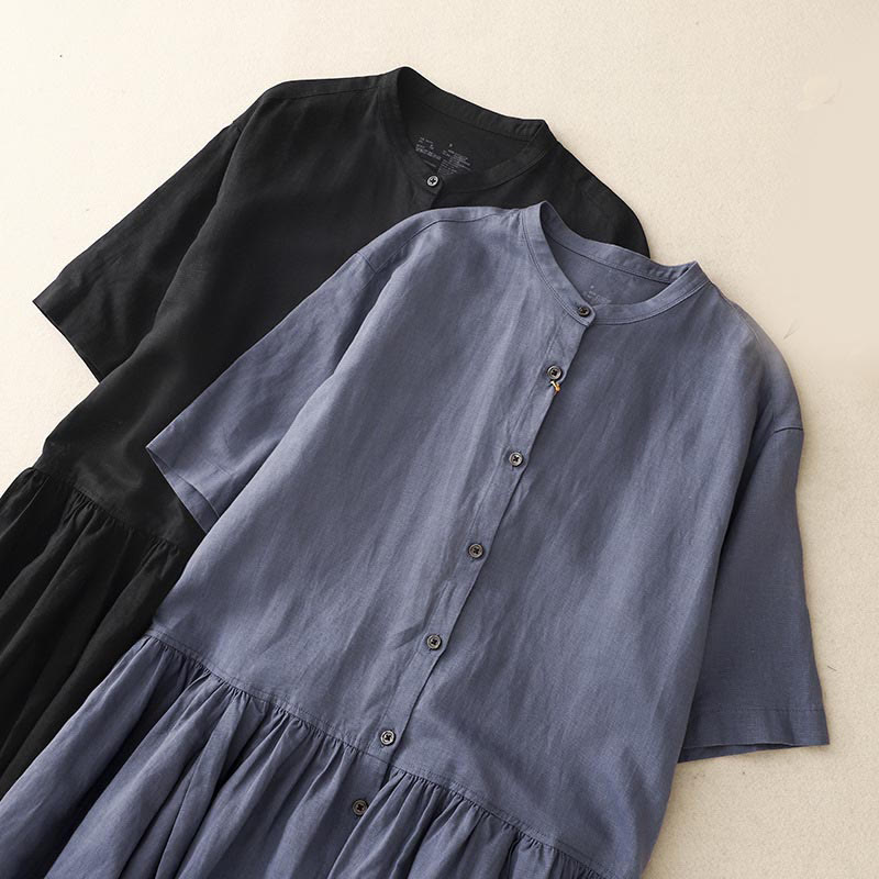 Buddha Stones Commute Pure Color Buttons Design Short Sleeve Cotton Linen Midi Dress With Pockets