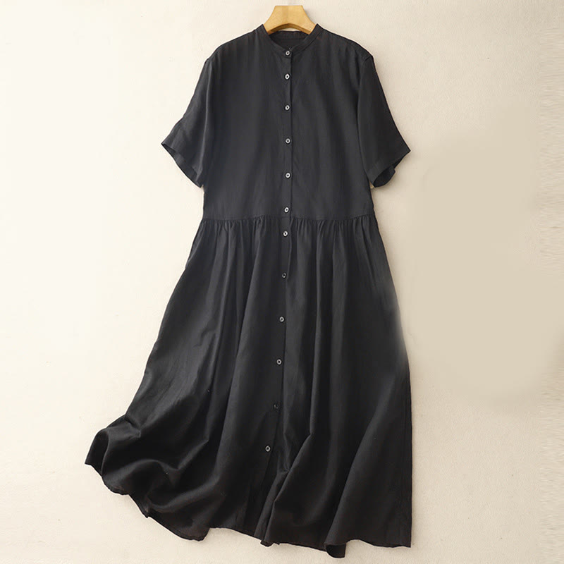 Buddha Stones Commute Pure Color Buttons Design Short Sleeve Cotton Linen Midi Dress With Pockets
