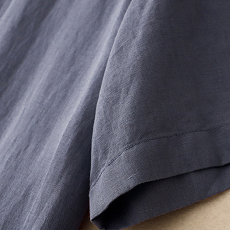 Buddha Stones Commute Pure Color Buttons Design Short Sleeve Cotton Linen Midi Dress With Pockets