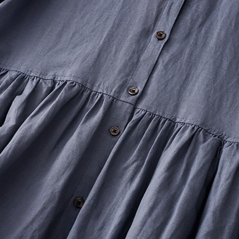 Buddha Stones Commute Pure Color Buttons Design Short Sleeve Cotton Linen Midi Dress With Pockets
