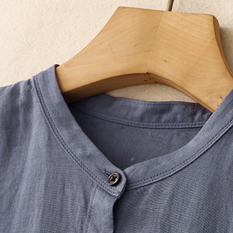 Buddha Stones Commute Pure Color Buttons Design Short Sleeve Cotton Linen Midi Dress With Pockets
