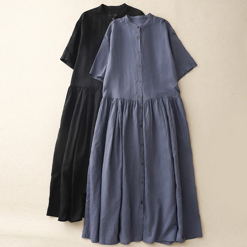Buddha Stones Commute Pure Color Buttons Design Short Sleeve Cotton Linen Midi Dress With Pockets