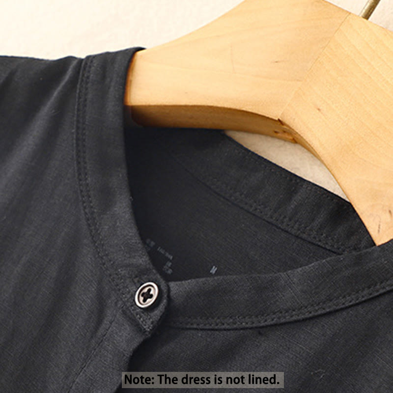 Buddha Stones Commute Pure Color Buttons Design Short Sleeve Cotton Linen Midi Dress With Pockets
