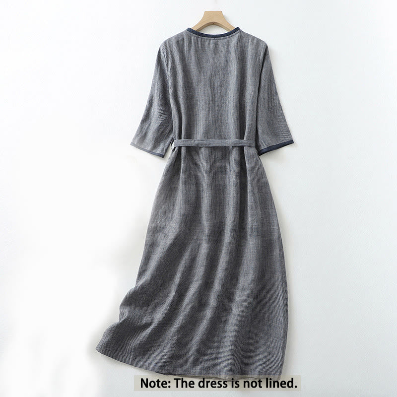 Buddha Stones Commute MidnightBlue Lace-Up Half Sleeve Design Cotton Linen Midi Dress With Pockets