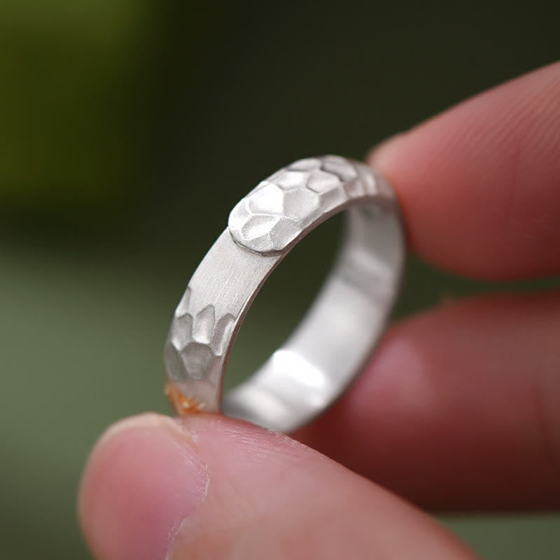 Buddha Stones Hammer Pattern Om Mani Padme Hum Copper Plated Silver Wealth Ring
